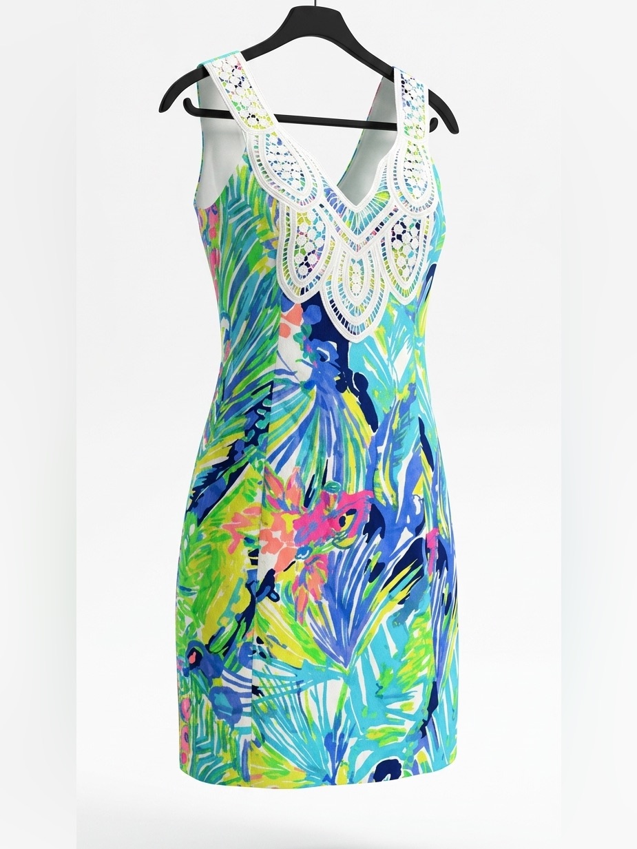 Lilly Pulitzer Shift Dress Multi Print White Lace Neckline Cotton Size 00